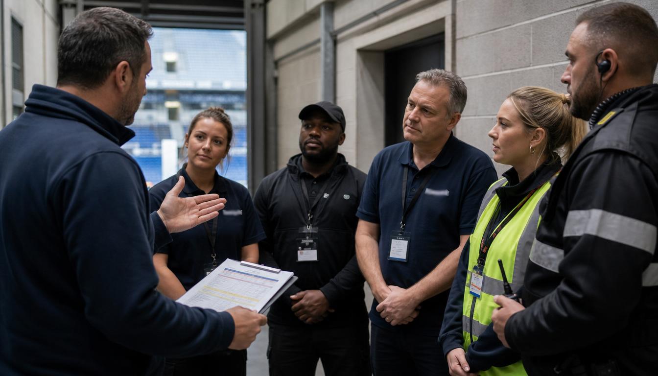 A venue manager briefing staff, volunteers, and security before doors open at a sports venue.