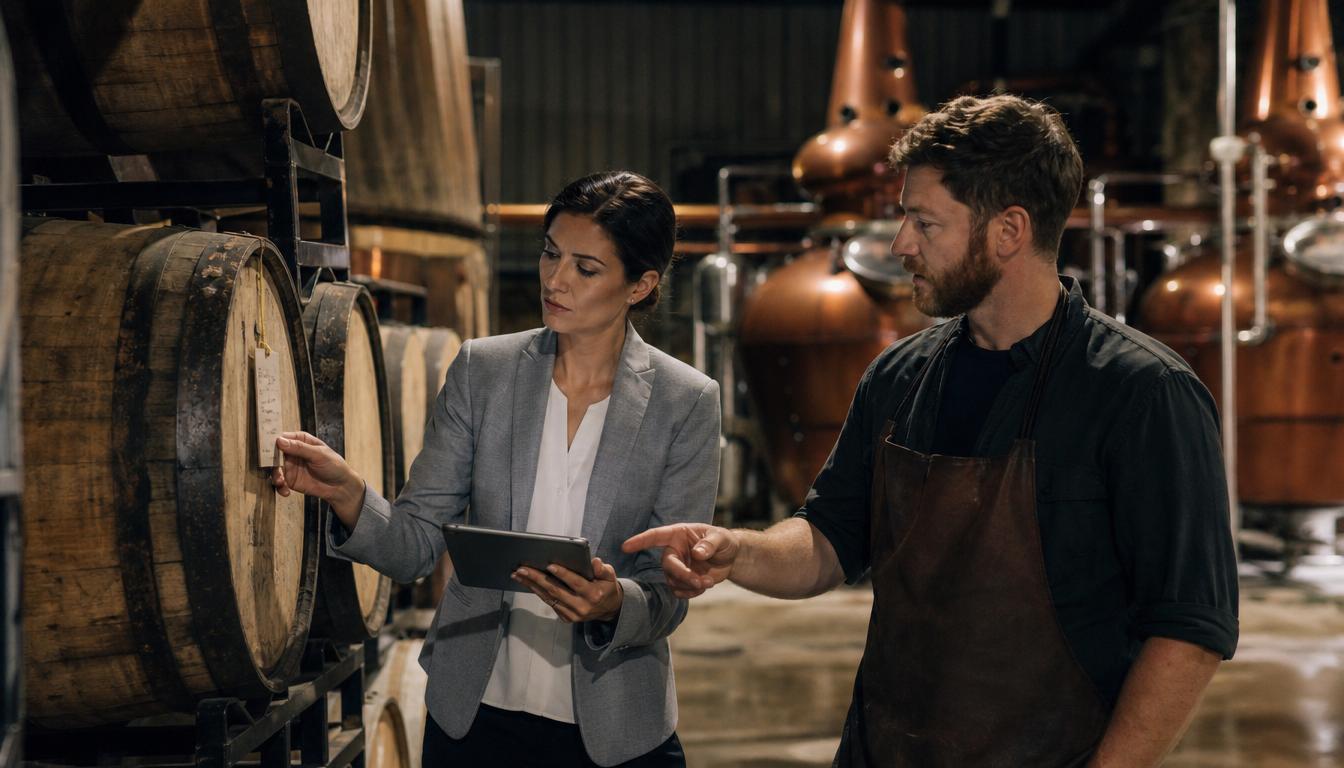 A professional services consultant checking a tablet against a barrel tag in a distillery warehouse.