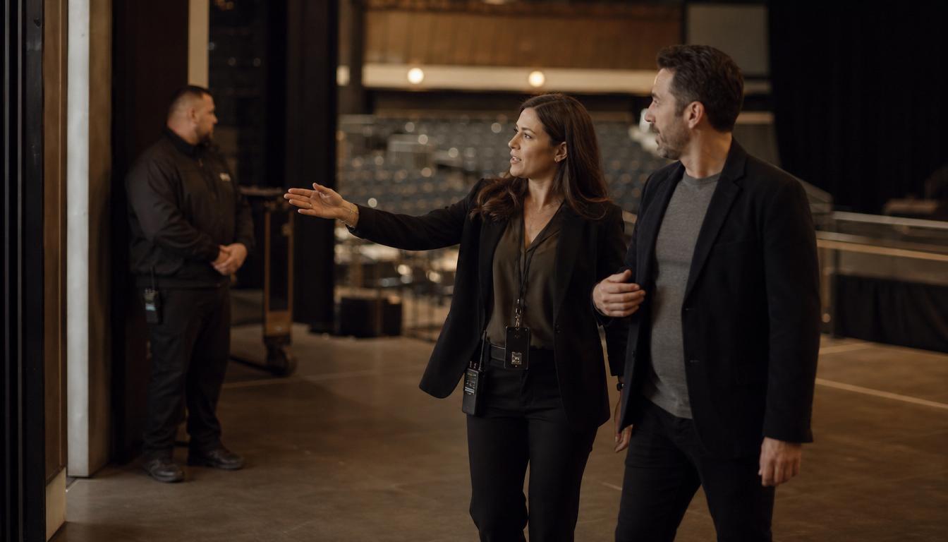 A venue operations manager walking through an event space with a client before doors open.