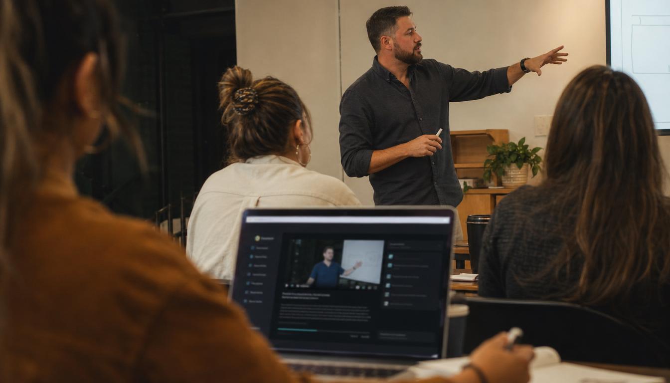 An instructor explaining a concept to a small in-person training class with an on-demand course video on a laptop.