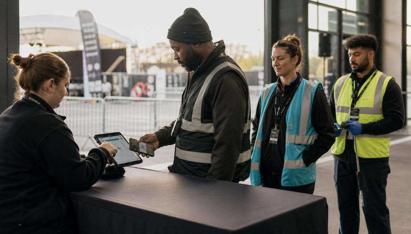 A coordinator checking in security, volunteer, and facilities staff at an event entrance desk.